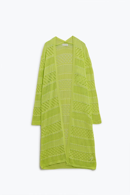 Crochet maxi cardigan in lime with long sleeves | Just Cool Beans — sweaters | tops