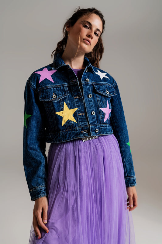 Crop denim jacket with multicolored stars | Just Cool Beans — coats and jackets | jackets