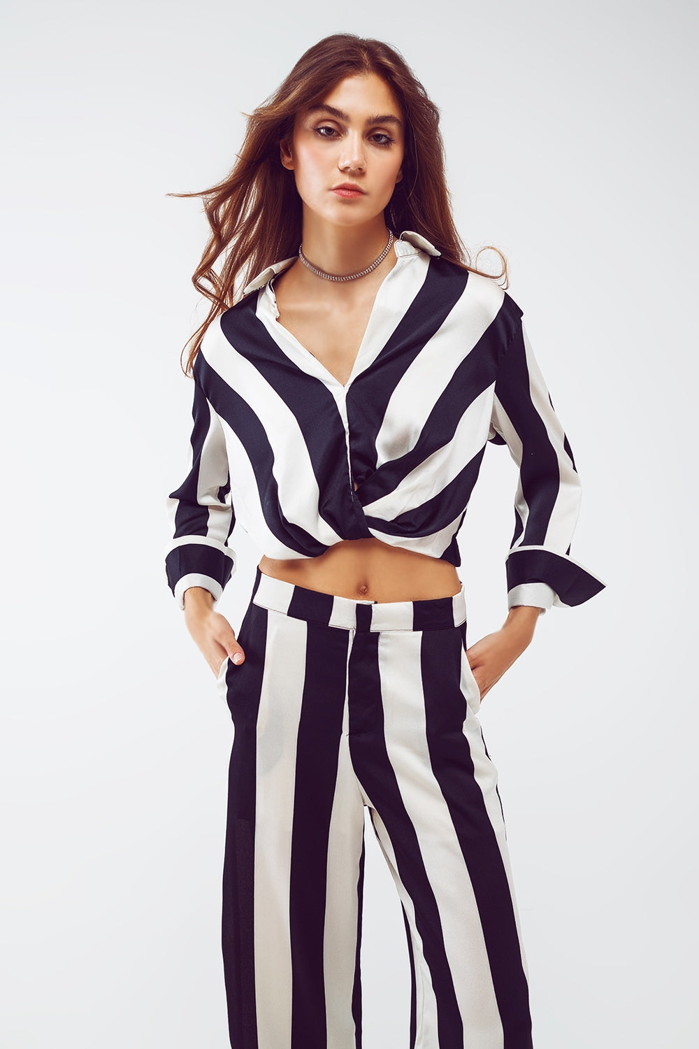 Crop shirt with knot detail in black and white stripes | Just Cool Beans — shirts | tops