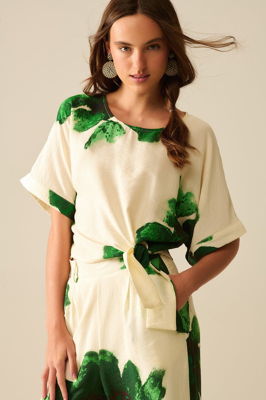Cropped blouse with floral print in green tied at the waist | Just Cool Beans — tops