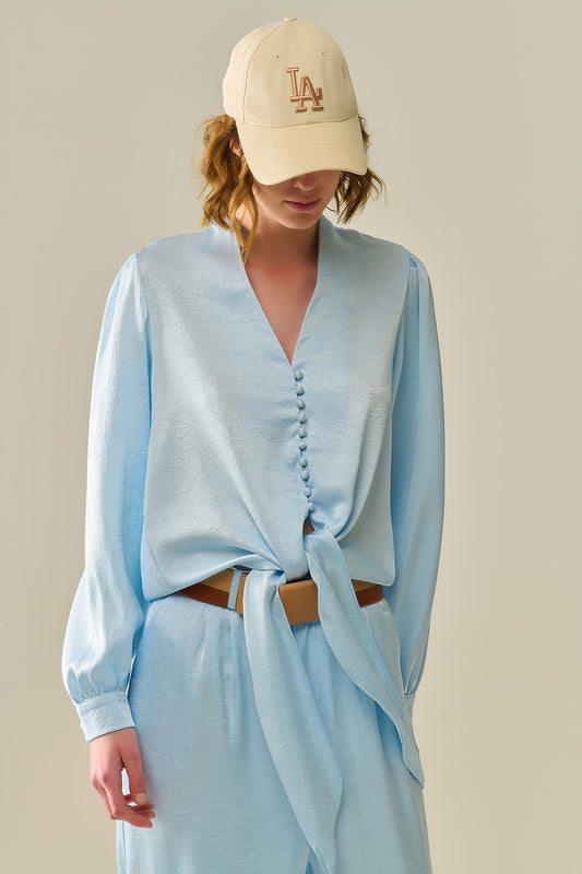 Cropped buttoned shirt in blue featuring knot | Just Cool Beans — shirts | tops