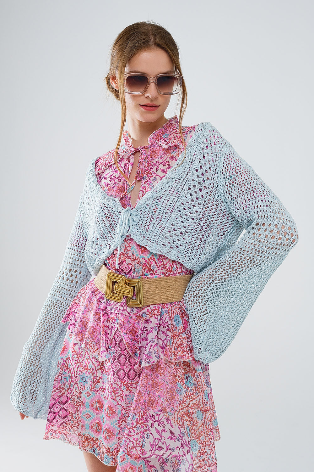 Cropped cardigan in baby blue with tie closing | Just Cool Beans — sweaters | tops