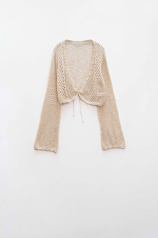 Cropped cardigan in beige with tie closing | Just Cool Beans — sweaters | tops