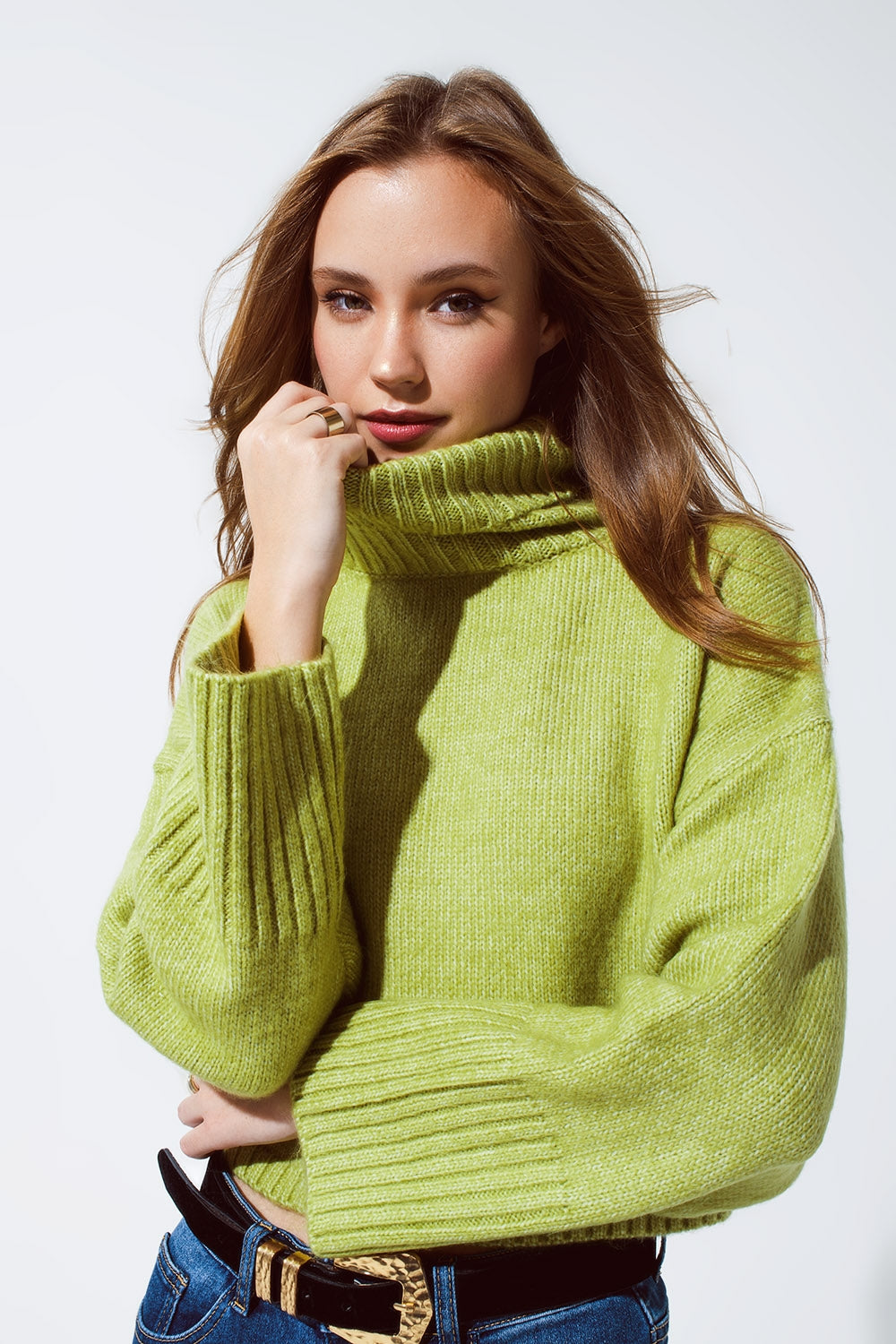 Cropped chunky knit sweater with turtle neck in green | Just Cool Beans — sweaters | tops