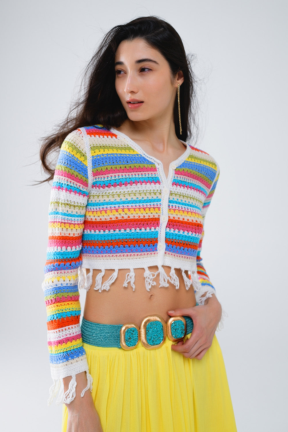 Cropped crochet cardigan in multicolor stripe | Just Cool Beans — sweaters | tops