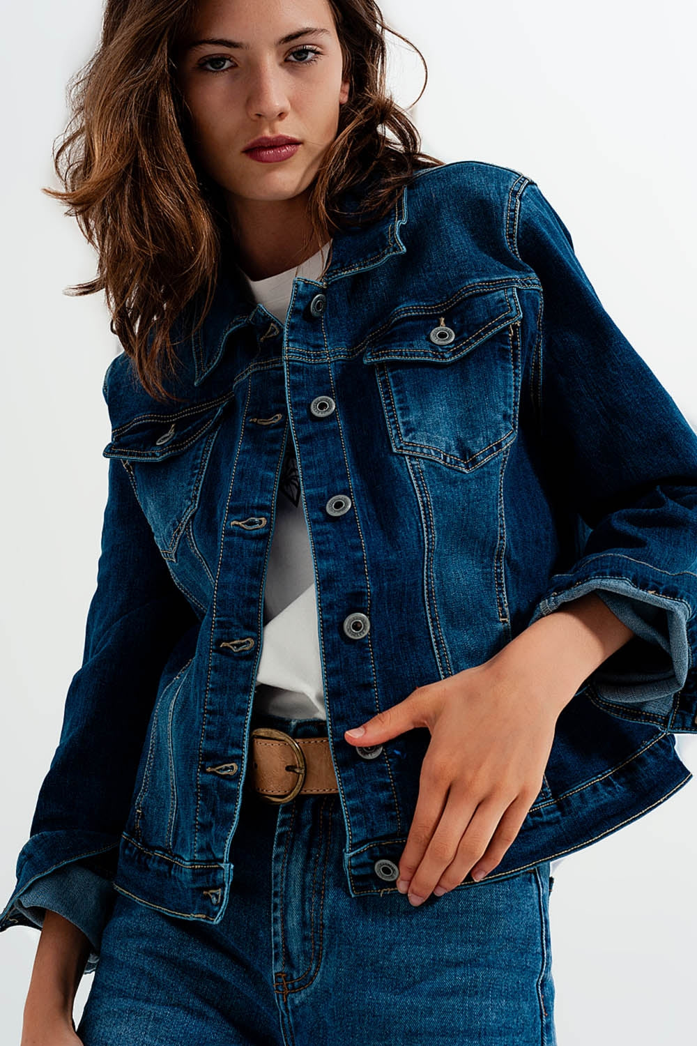 Cropped denim jacket in darkwash blue | Just Cool Beans — coats and jackets | jackets