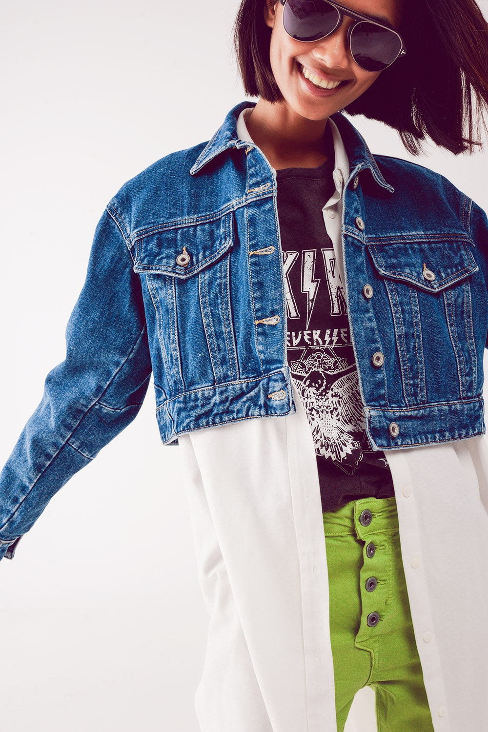 Cropped denim jacket in mid blue | Just Cool Beans — coats and jackets | jackets