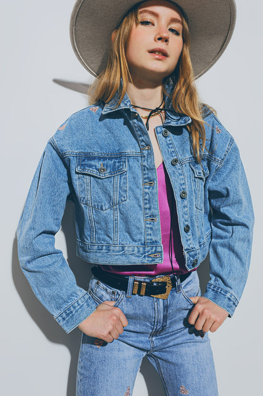 Cropped denim jacket with embellished hearts in mid wash | Just Cool Beans — coats and jackets | jackets