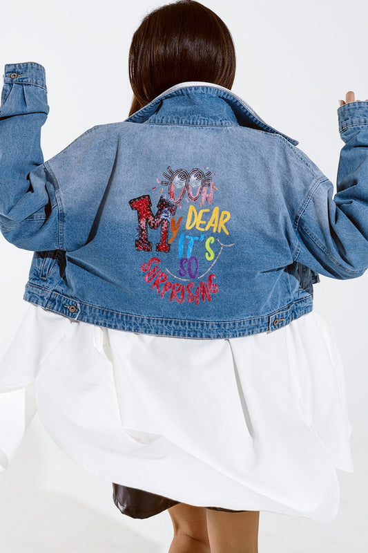Cropped denim jacket with zipper closure and hand painted print at the  back | Just Cool Beans — coats and jackets | jackets