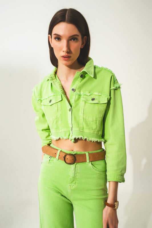 Cropped denim trucker jacket in acid green | Just Cool Beans — coats and jackets | jackets