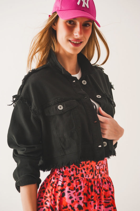 Cropped denim trucker jacket in black | Just Cool Beans — coats and jackets | jackets