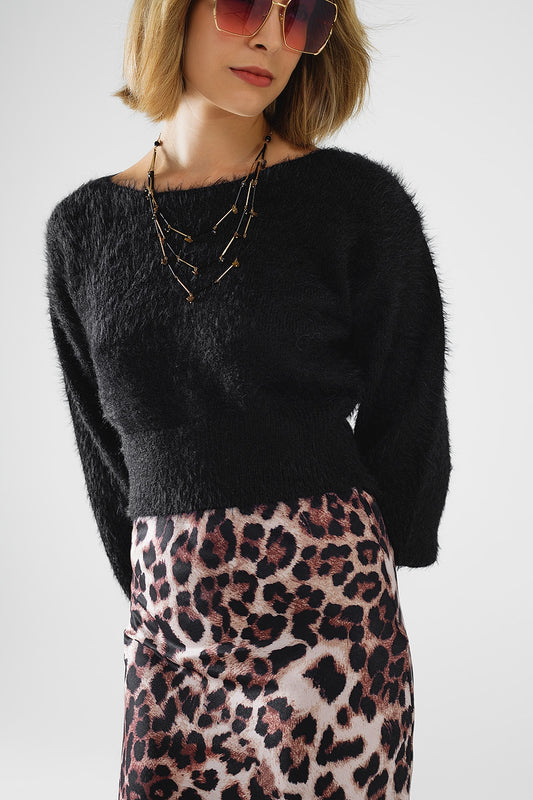 Cropped fluffy sweater in black fitted at the waist | Just Cool Beans — sweaters | tops
