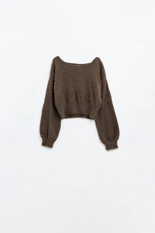 Cropped fluffy sweater in brown fitted at the waist | Just Cool Beans — sweaters | tops