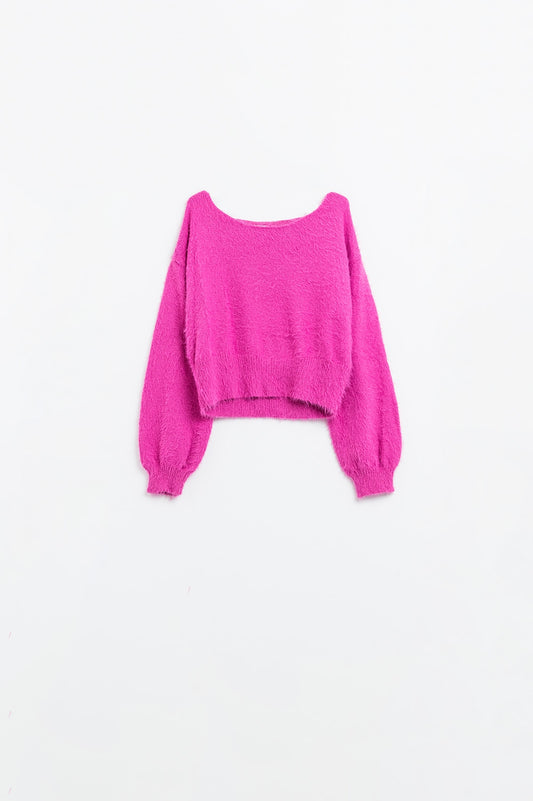 Cropped fluffy sweater in fuchsia fitted at the waist | Just Cool Beans — sweaters | tops