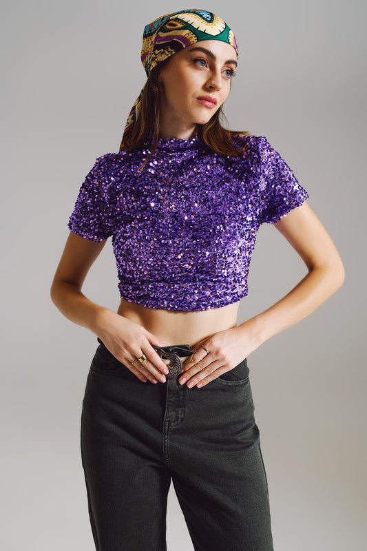 Cropped high neck top in purple sequin | Just Cool Beans — tops
