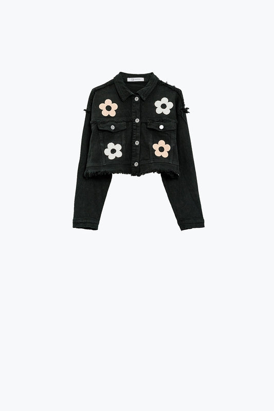 Cropped jacket with chest pockets and flower details in black | Just Cool Beans — coats and jackets | jackets