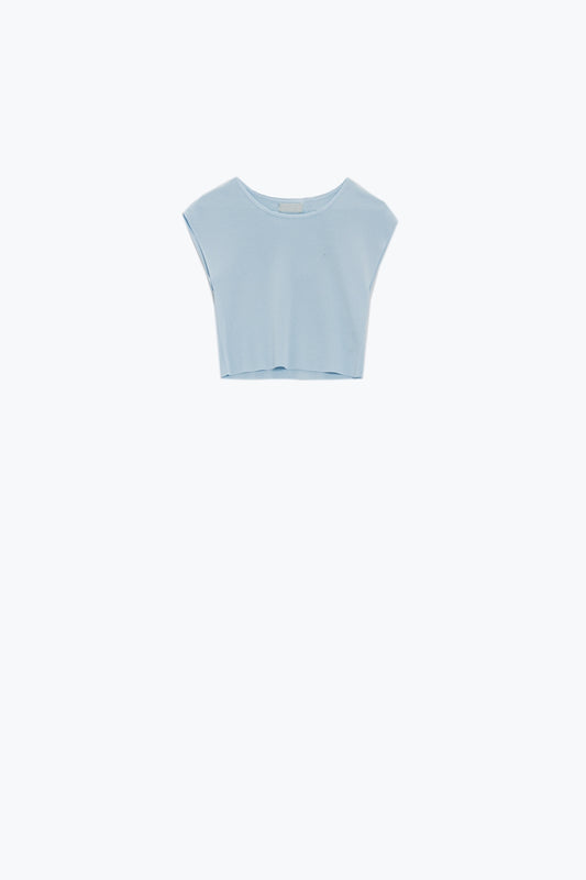 Cropped knitted short sleeves t-shirt in blue | Just Cool Beans — sweaters | bottoms