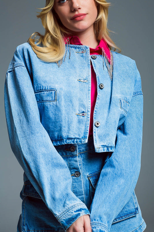 Cropped relaxed denim jacket with chest welt pockets in light wash | Just Cool Beans — coats and jackets | jackets