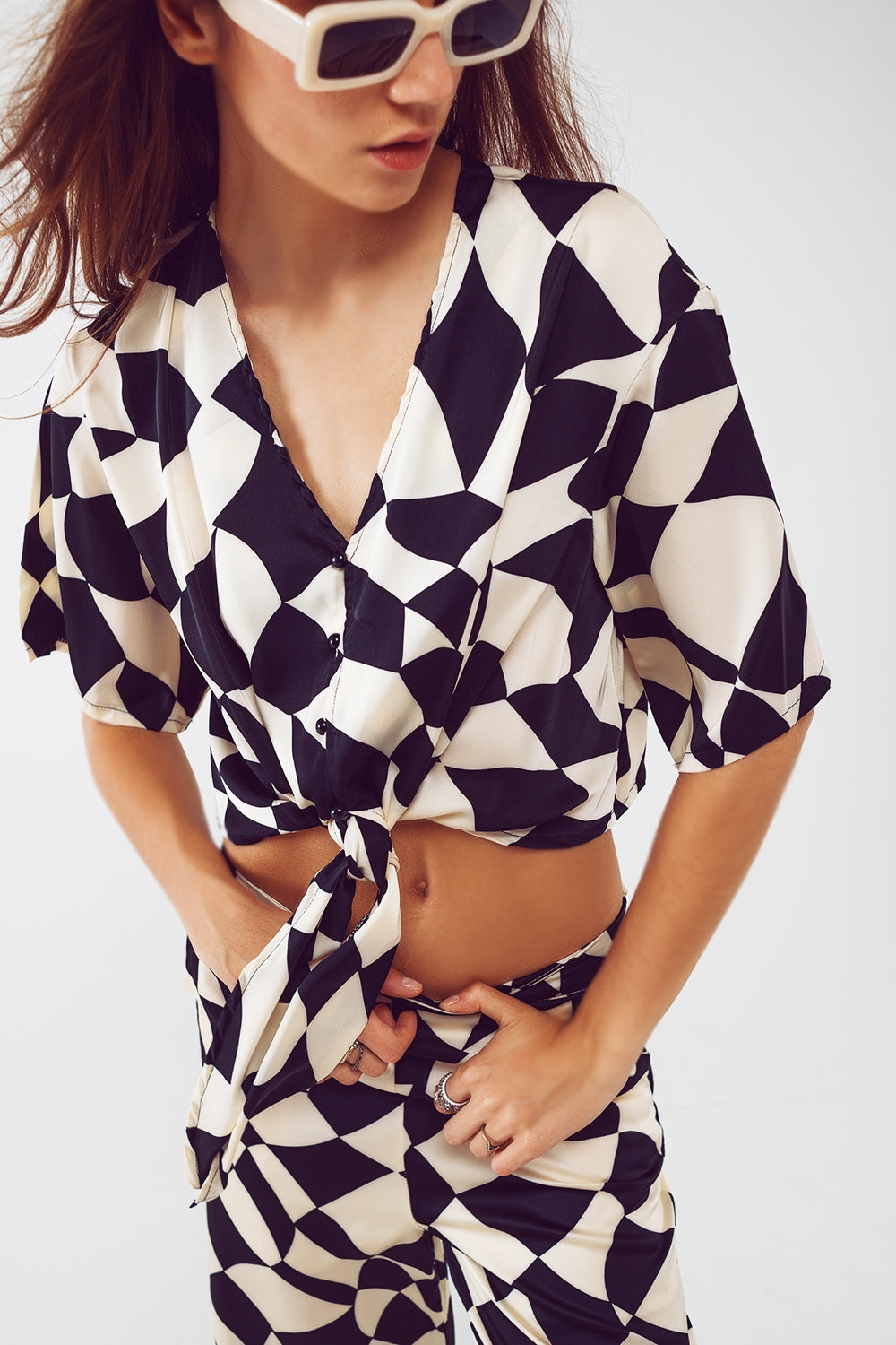 Cropped shirt with knot in bauhaus abstract black and white print | Just Cool Beans — shirts | tops