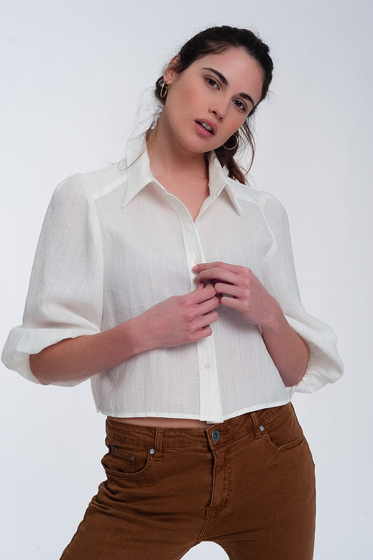 Cropped shirt with puff sleeve in cream | Just Cool Beans — shirts | tops