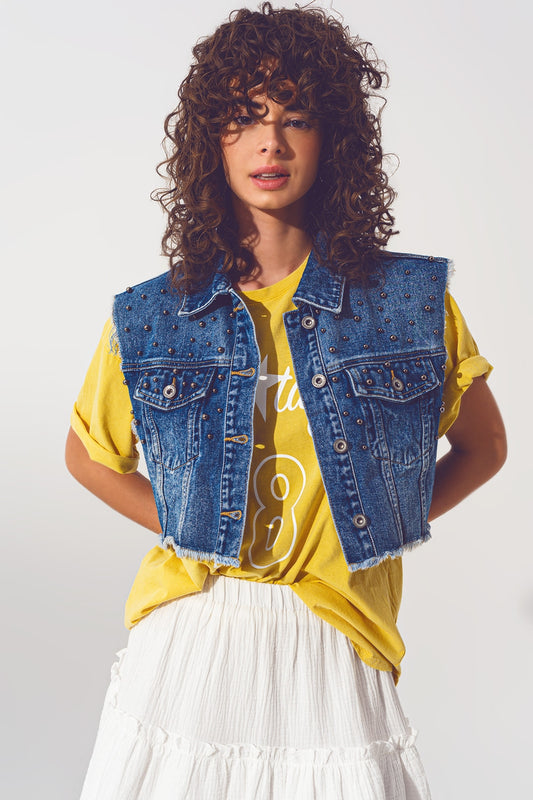 Cropped studded denim vest in blue | Just Cool Beans — coats and jackets | jackets