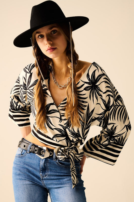 Cropped top in white with tropical motif in black | Just Cool Beans — shirts | tops