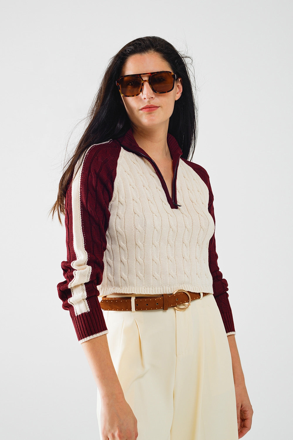 Cropped white and burgundy sweater with neck zipper | Just Cool Beans — sweaters | tops