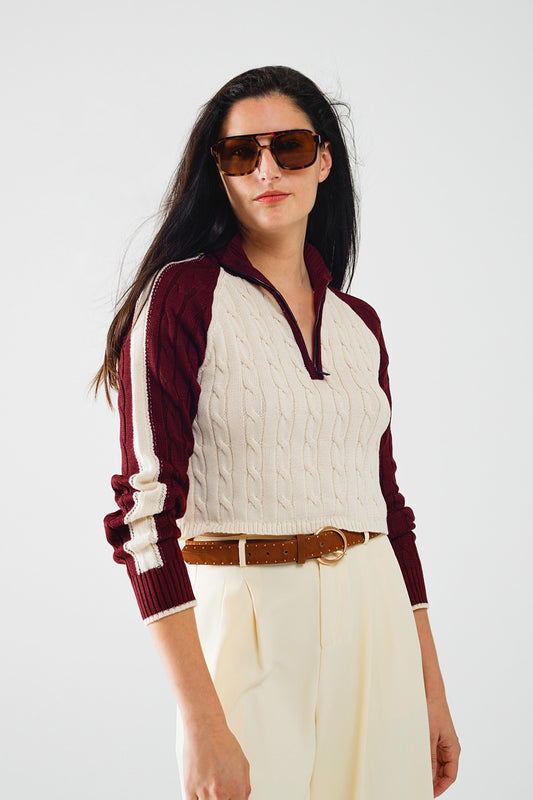 Cropped white and burgundy sweater with neck zipper | Just Cool Beans — sweaters | tops