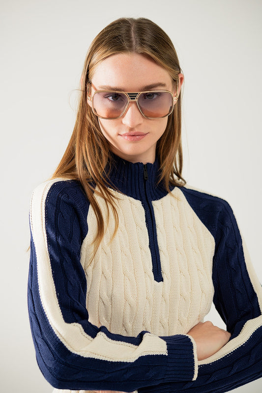 Cropped white and navy sweater with neck zipper | Just Cool Beans — sweaters | tops
