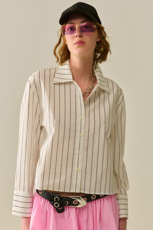 Cropped white striped poplin shirt | Just Cool Beans — shirts | tops