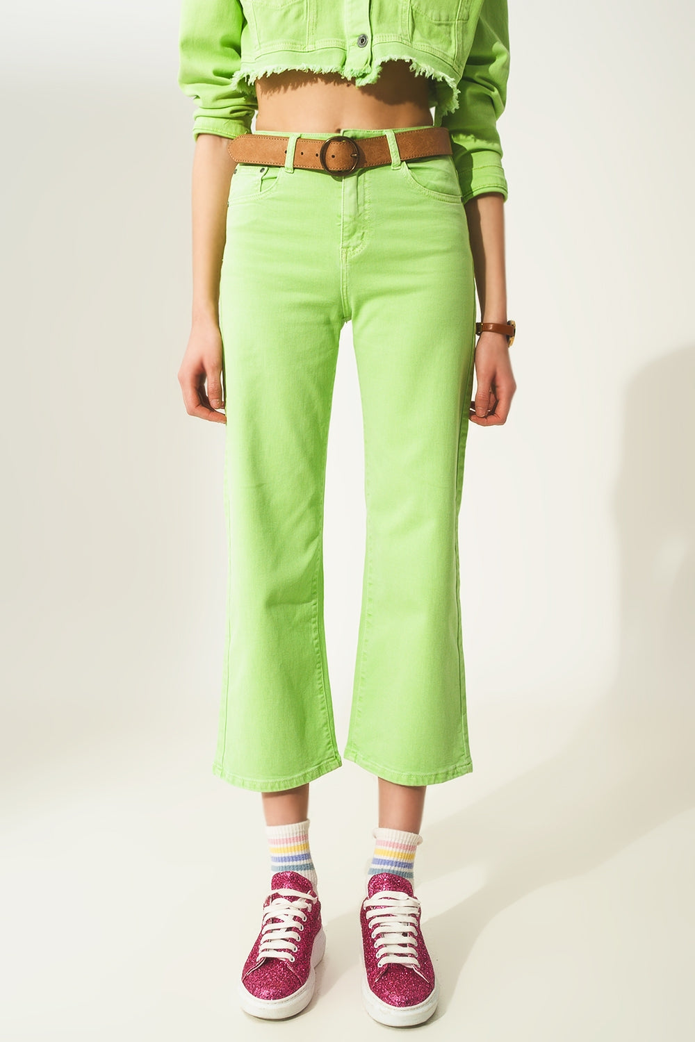 Cropped wide leg jeans in acid green | Just Cool Beans — jeans | tops
