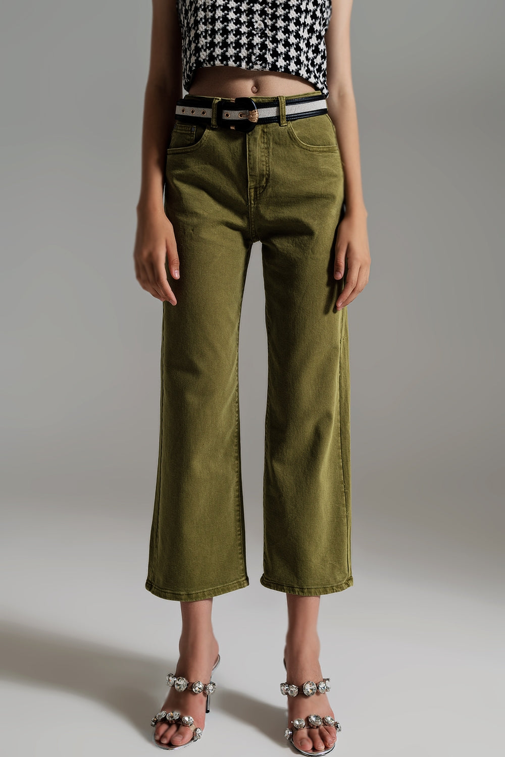 Cropped wide leg jeans in olive green | Just Cool Beans — jeans | tops