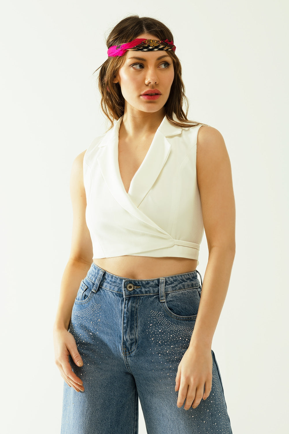 Cropped wrapped gilet with notch lapels in white | Just Cool Beans — tops
