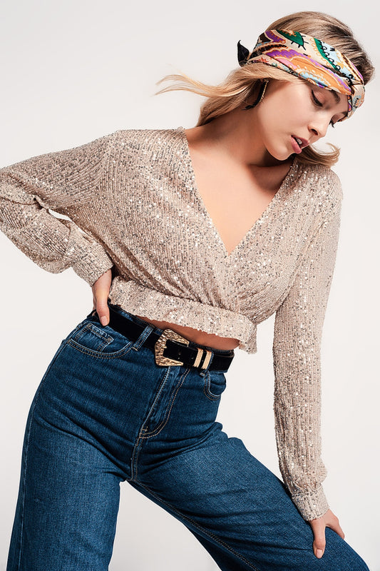 Cross over cropped and sheer top with sequins in gold | Just Cool Beans — shirts | tops