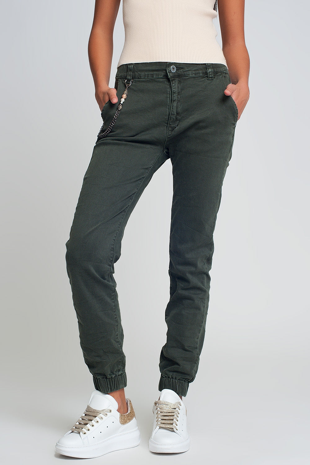 Cuffed utility pants with chain in khaki | Just Cool Beans — jeans | bottoms