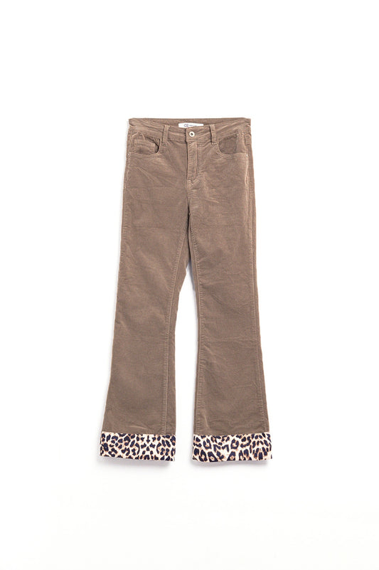 Dark beige corduroy flare pants with leopard print at the bottom | Just Cool Beans — pants | bottoms