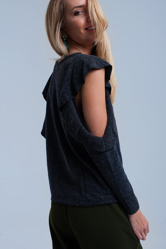 Dark gray top with ruffle and open detail | Just Cool Beans — shirts | tops