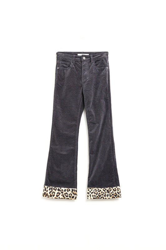 Dark grey corduroy flare pants with leopard print at the bottom | Just Cool Beans — pants | bottoms