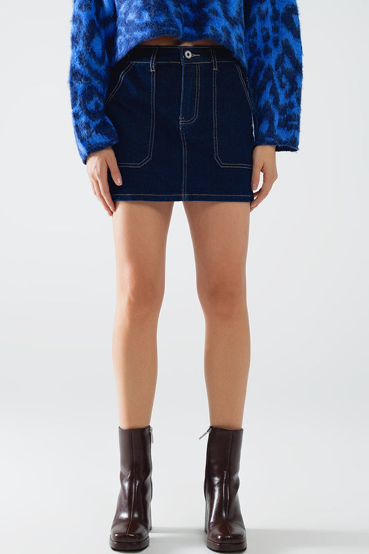 Dark wash denim mini skirt with front pockets | Just Cool Beans — skirts