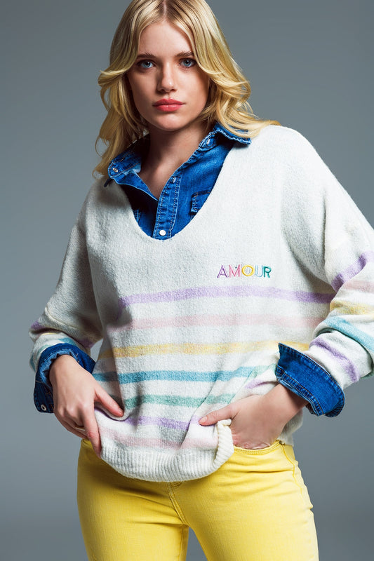 Deep v neck line sweater with stripes in pastel colors and amour embroidered | Just Cool Beans — sweaters | tops