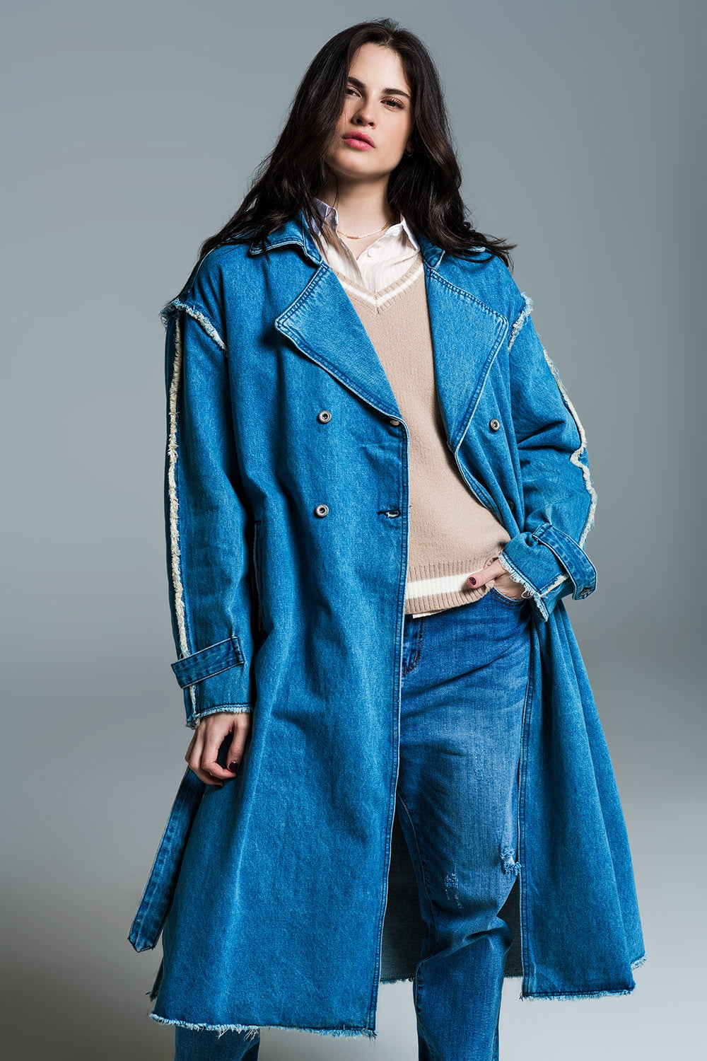 Demin trench coat with belt and raw edges in mid wash | Just Cool Beans — coats and jackets | jackets