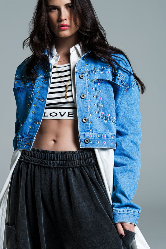 Denim cropped jacket in blue with studs and chest pockets | Just Cool Beans — coats and jackets | jackets