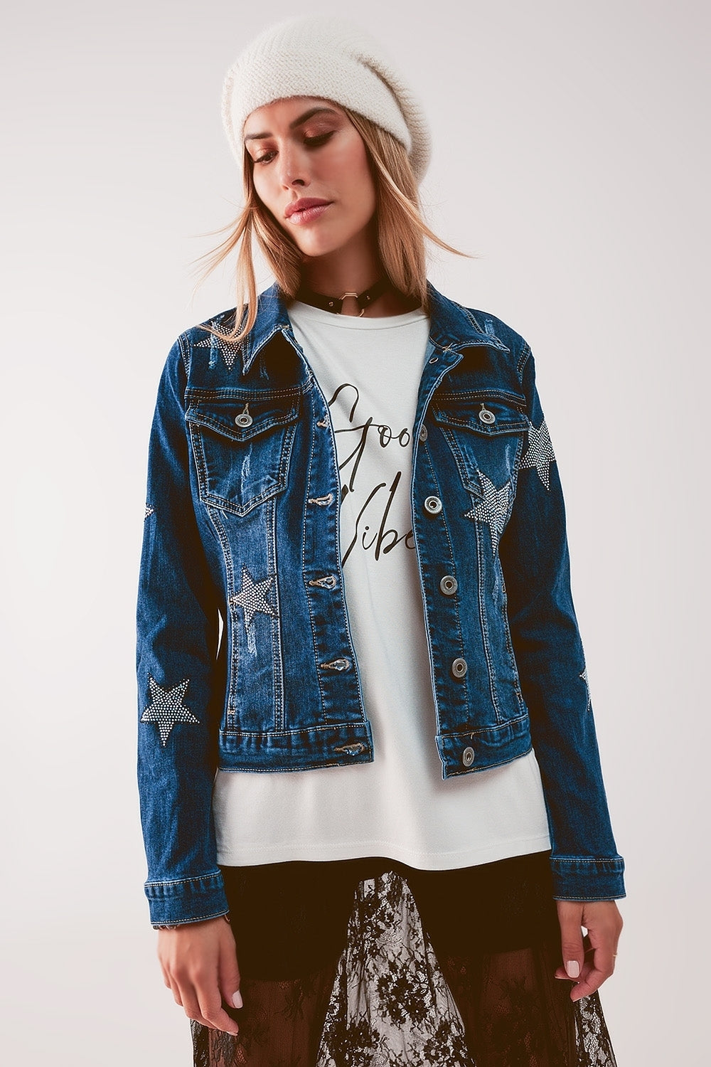 Denim jacket with star embellishment in midwash | Just Cool Beans