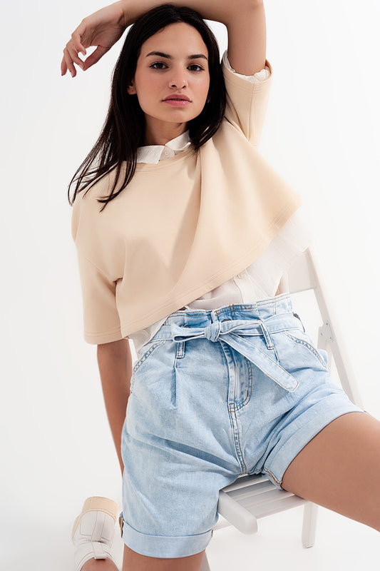 Denim shorts with light blue wash and waist tie | Just Cool Beans — jeans | bottoms