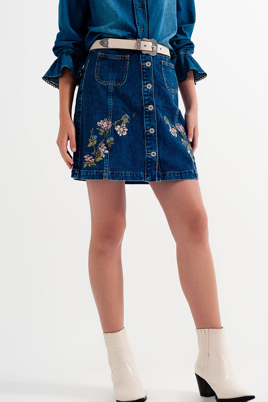 Denim skirt with flower embroidery and front buttons | Just Cool Beans — skirts