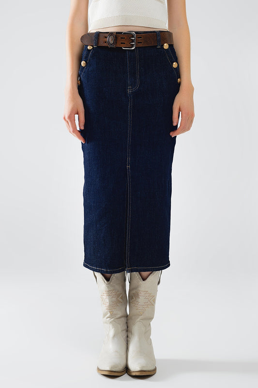Denim skirt with front slit and gold buttons on sides | Just Cool Beans — skirts