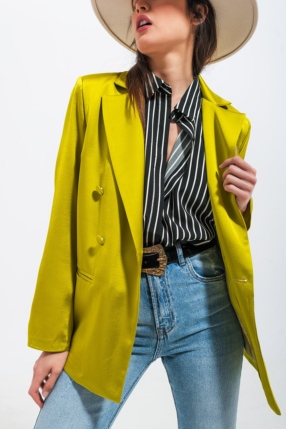 Double breasted satin blazer in lime green | Just Cool Beans — coats and jackets | jackets