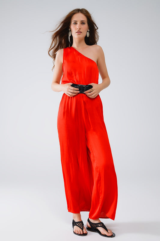 Drapped one shoulder jumpsuit with cinched waist in red | Just Cool Beans — dresses