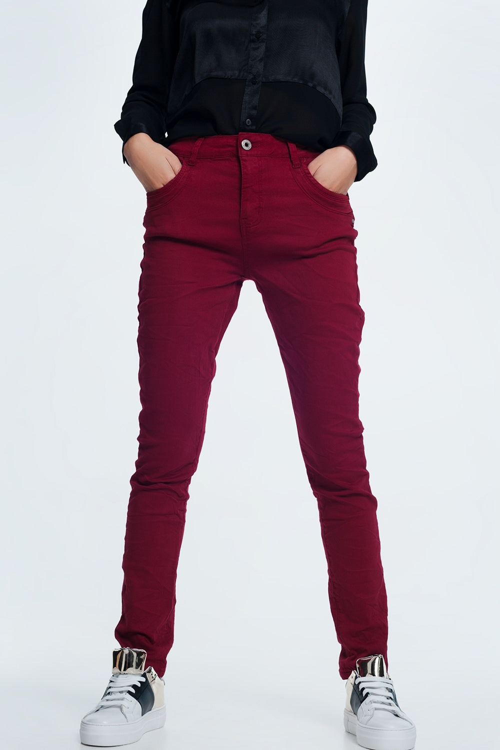 Drop crotch skinny jean in maroon | Just Cool Beans — jeans | the denim shop