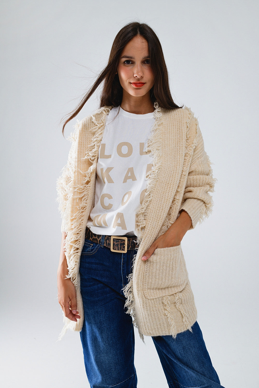 Ecru boho distressed cardigan with front pockets | Just Cool Beans — coats and jackets | jackets
